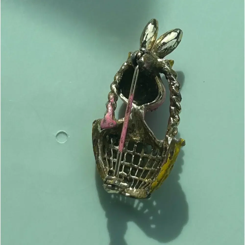 Vintage Hand-Painted Enamel Bunny in Basket Brooch | Easter Pink Rabbit Pin